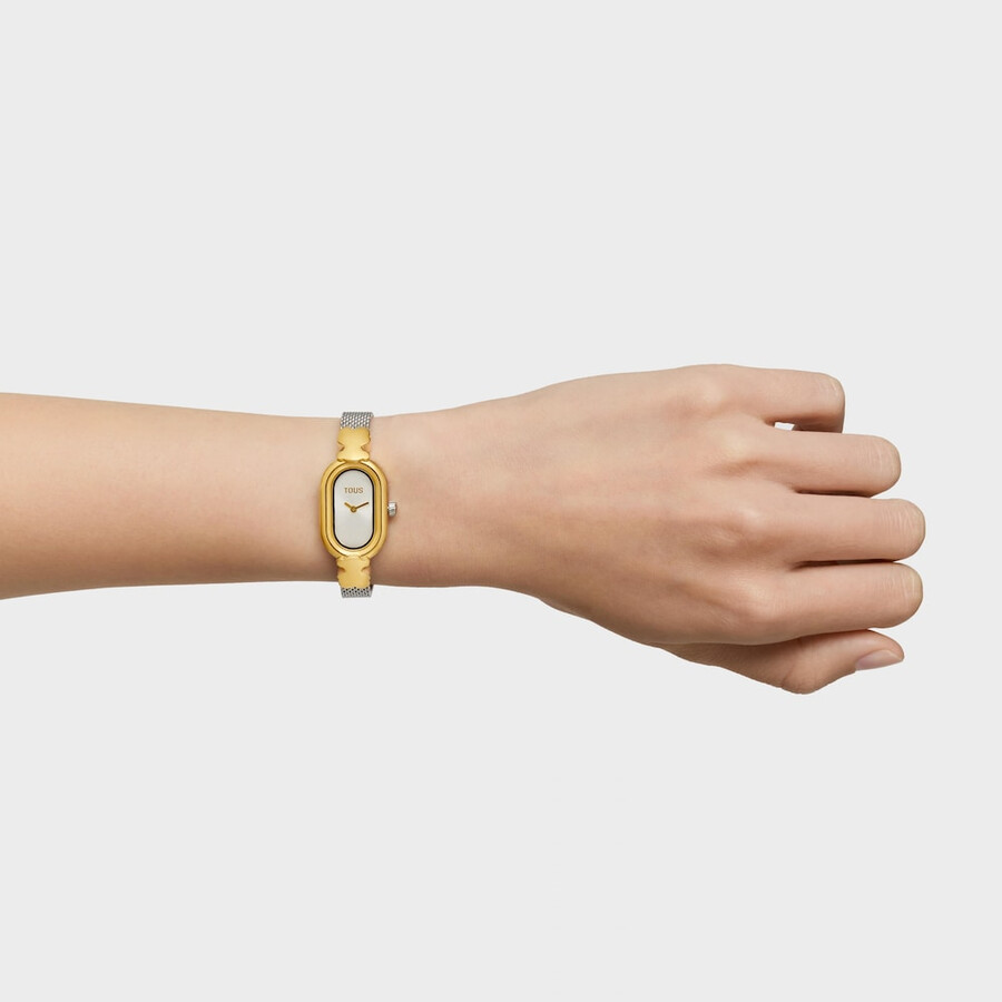 schmuckbesetzte analoge armbanduhr mit armband aus edelstahl und goldfarbenem edelstahl ovales symbol