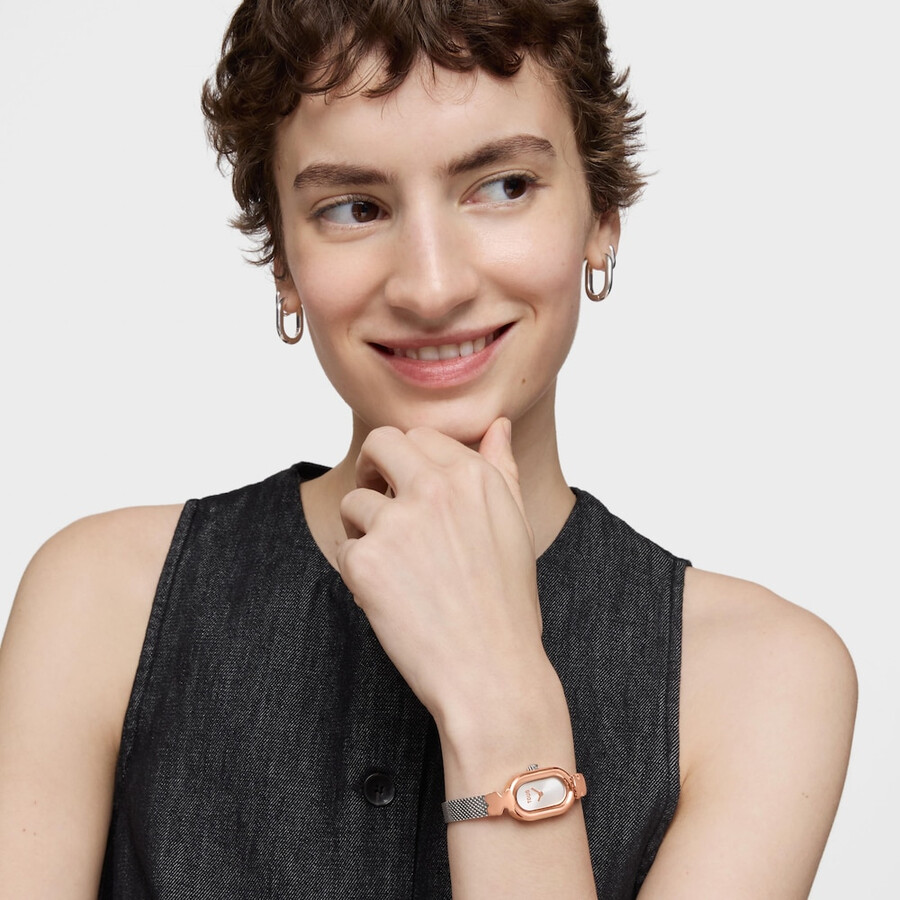 schmuckbesetzte analoge armbanduhr mit armband aus edelstahl und roségoldfarbenem edelstahl ovales symbol
