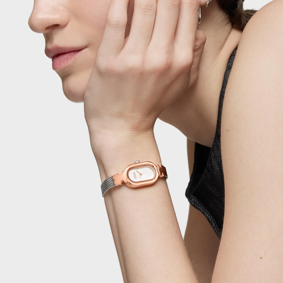 schmuckbesetzte analoge armbanduhr mit armband aus edelstahl und roségoldfarbenem edelstahl ovales symbol