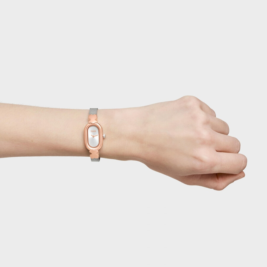 schmuckbesetzte analoge armbanduhr mit armband aus edelstahl und roségoldfarbenem edelstahl ovales symbol