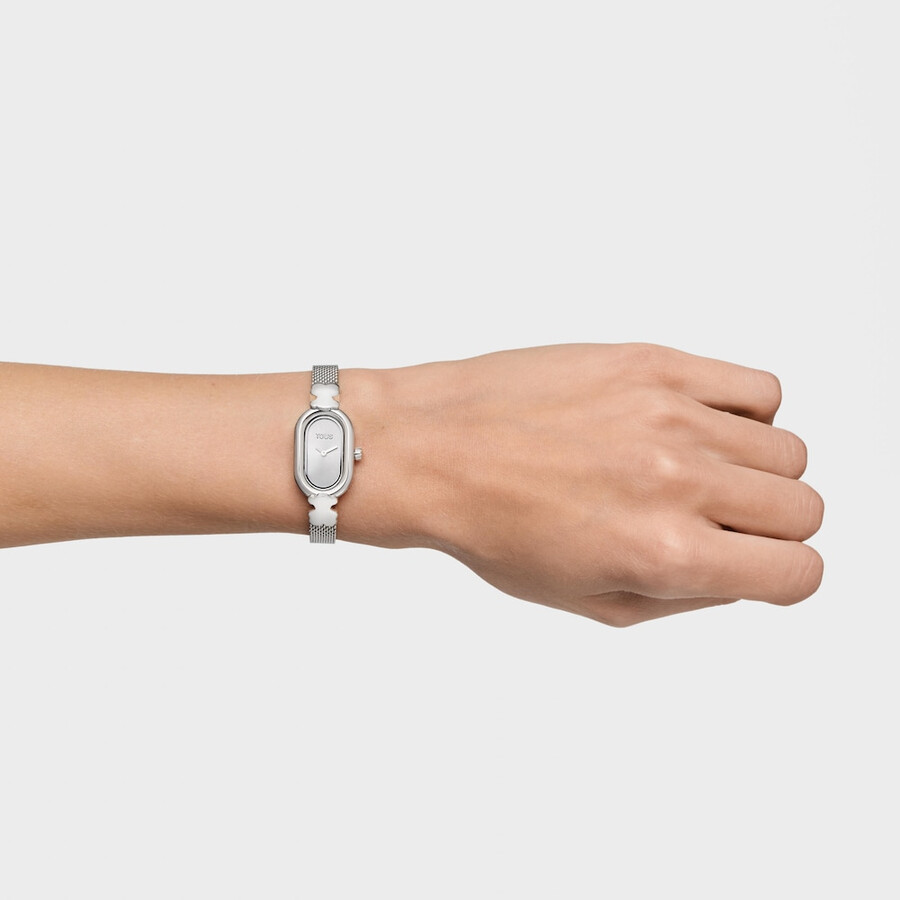 analoge armbanduhr mit schmucksteinen und stahlarmband ovales symbol