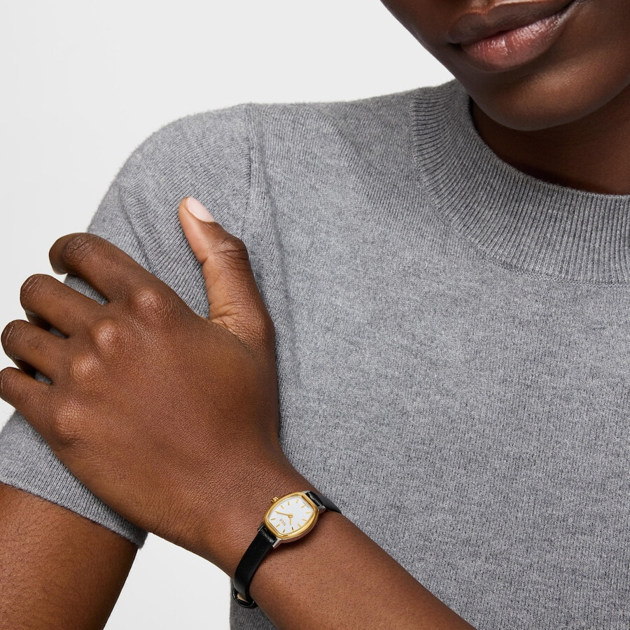 ovale armbanduhr mit schweizer analogwerk aus stahl 14-karätigem gold und lederarmband les classiques mini