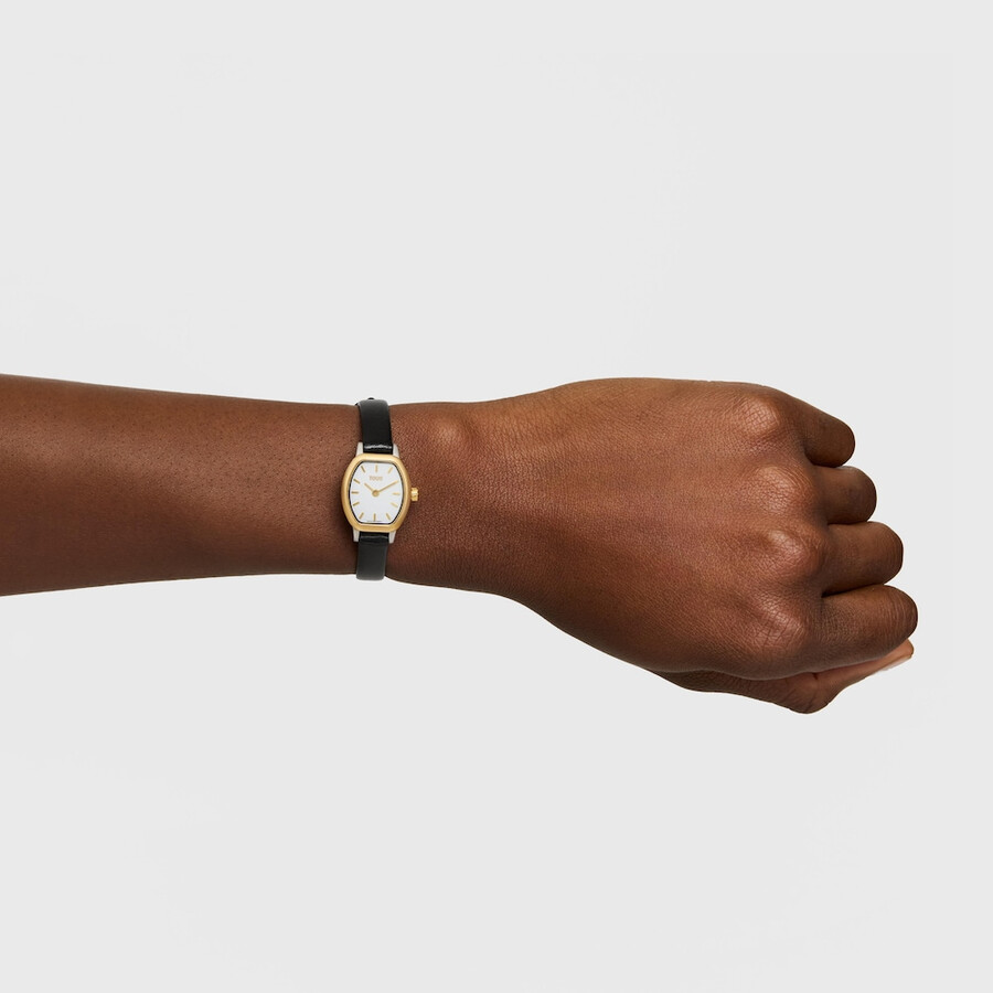 ovale armbanduhr mit schweizer analogwerk aus stahl 14-karätigem gold und lederarmband les classiques mini