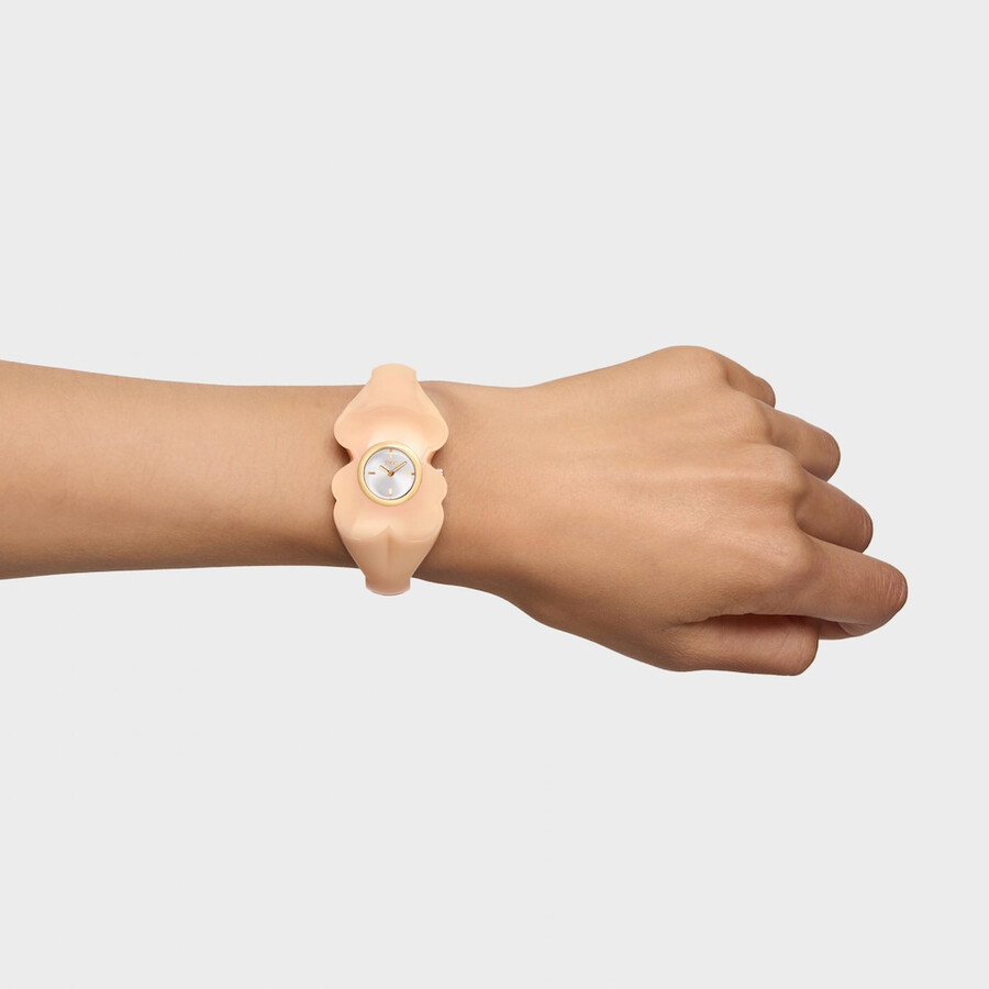 goldfarbene analoge armbanduhr aus stahl mit rosa polycarbonat-gehäuse t. l. bear folks