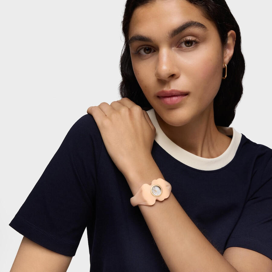 goldfarbene analoge armbanduhr aus stahl mit rosa polycarbonat-gehäuse von t. m bear folks