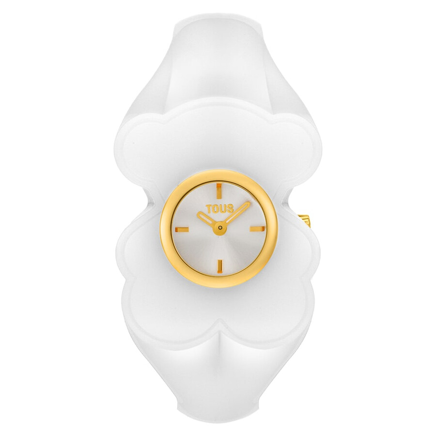 goldfarbene analoge armbanduhr aus stahl mit weißem polycarbonat-gehäuse modell t. l bear folks