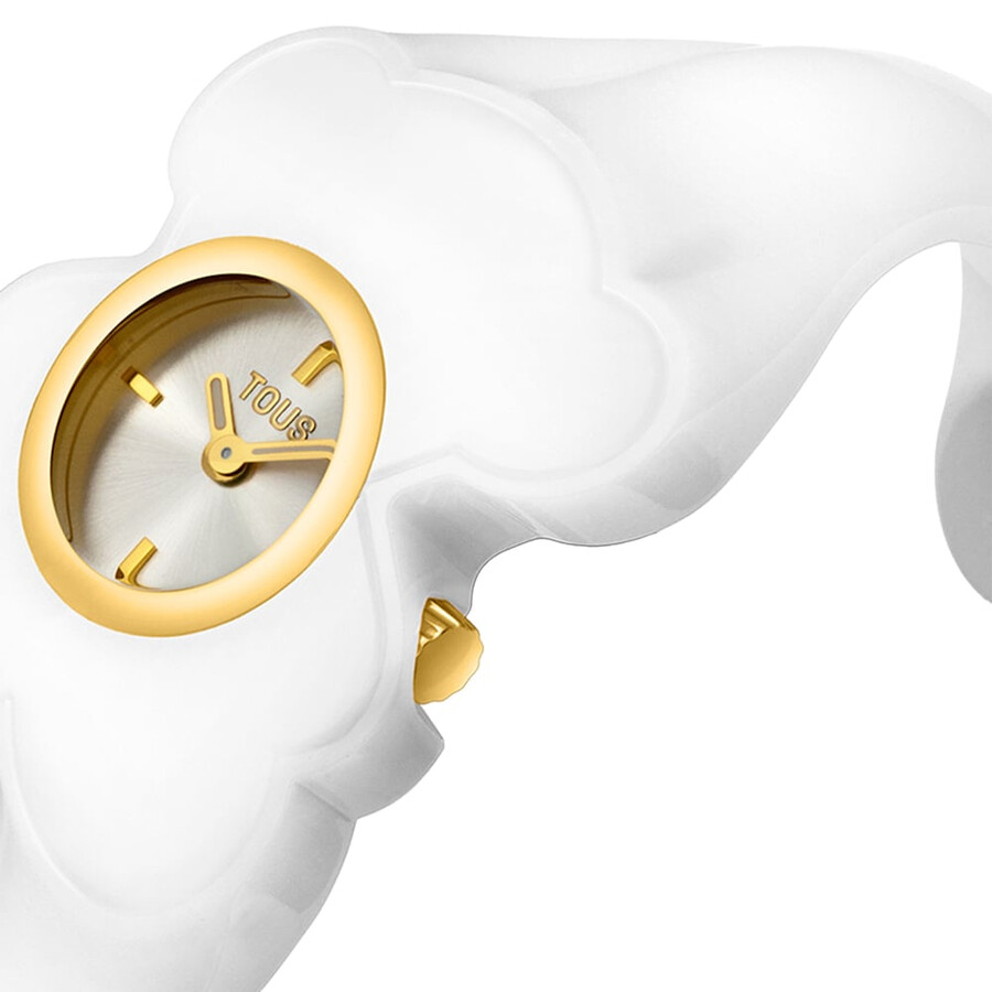 goldfarbene analoge armbanduhr aus stahl mit weißem polycarbonat-gehäuse modell t. l bear folks