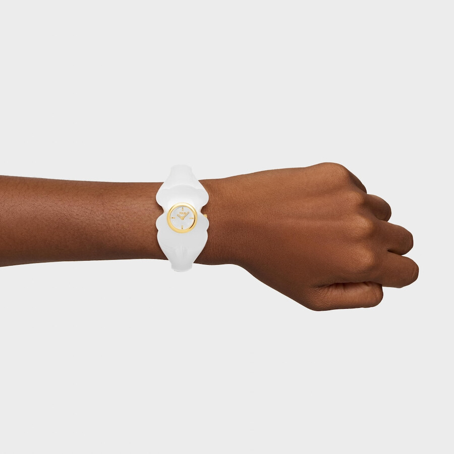 goldfarbene analoge armbanduhr aus stahl mit weißem polycarbonat-gehäuse modell t. l bear folks
