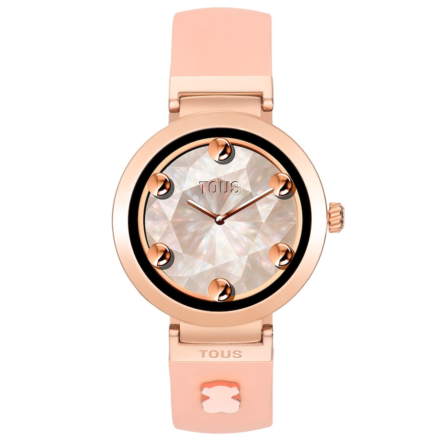 smartwatch mit nudefarbenem armband und roséfarbenen stahlmotiven tous s-connect charms